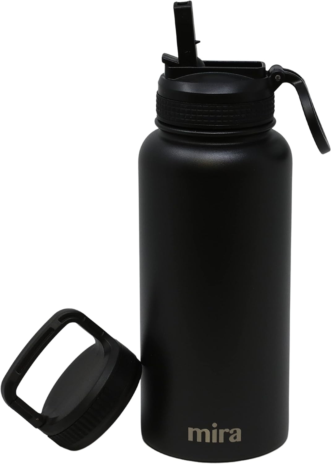32 Oz Insulated Water Bottle - Stainless Steel Sports Flask with 2 Lids (Straw & Handle) - Cold Drink Thermos - Black