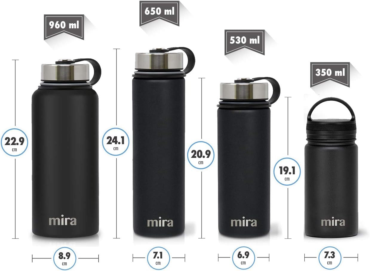 32 Oz Insulated Water Bottle - Stainless Steel Sports Flask with 2 Lids (Straw & Handle) - Cold Drink Thermos - Black