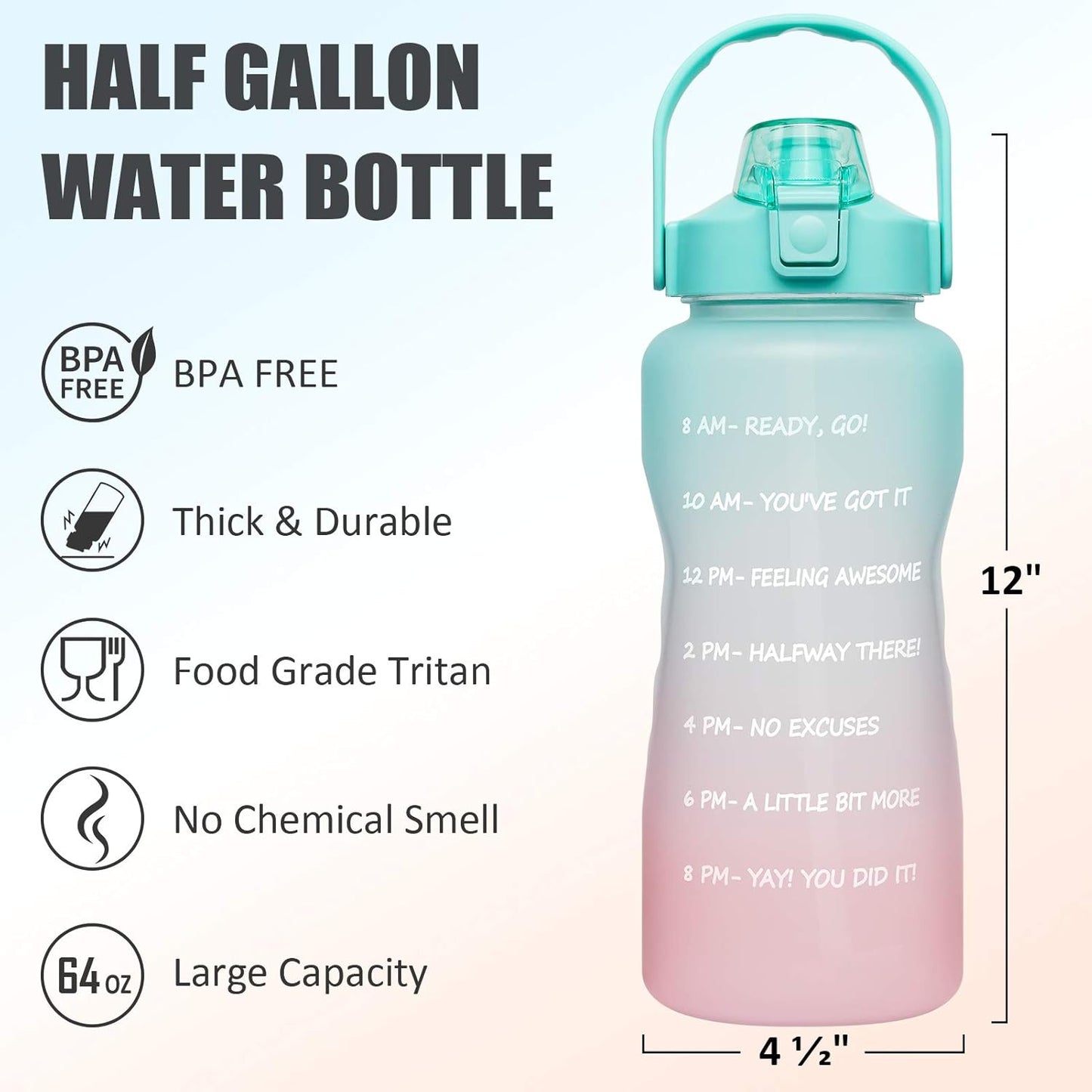 64 Oz/Half Gallon Motivational Water Bottle with Time Marker & Straw - BPA Free Leakproof Tritan Frosted Plastic Big 2L Water Bottle for Women Men Large Water Jug for Gym Outdoor Sport