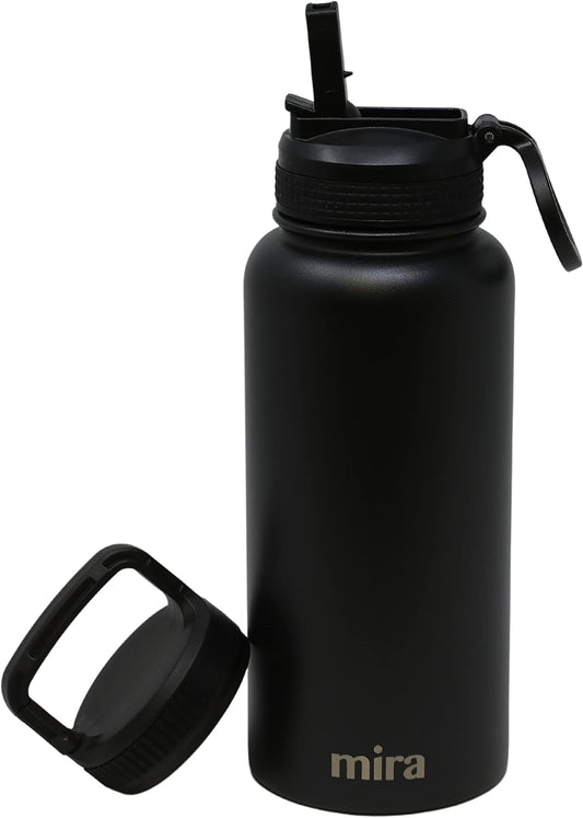 32 Oz Insulated Water Bottle - Stainless Steel Sports Flask with 2 Lids (Straw & Handle) - Cold Drink Thermos - Black