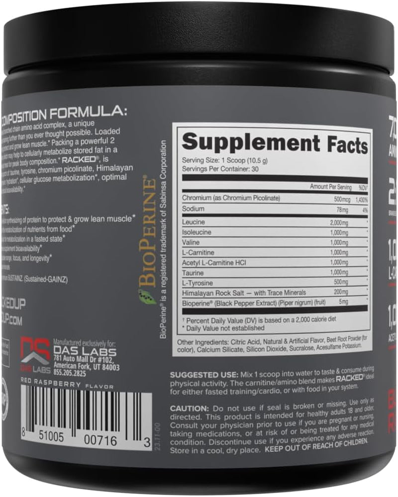 - BCAA RACKED™ Branch Chained Amino Acids | L-Carnitine, Acetyl L-Carnitine, GBB | Post Workout Recovery, Protein Synthesis, Lean Muscle Bcaas That You Can Feel! 30 Servings (Blood Raz)