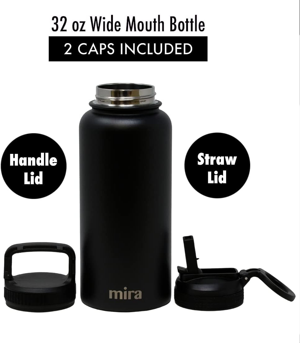 32 Oz Insulated Water Bottle - Stainless Steel Sports Flask with 2 Lids (Straw & Handle) - Cold Drink Thermos - Black