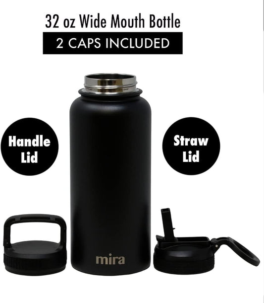 32 Oz Insulated Water Bottle - Stainless Steel Sports Flask with 2 Lids (Straw & Handle) - Cold Drink Thermos - Black