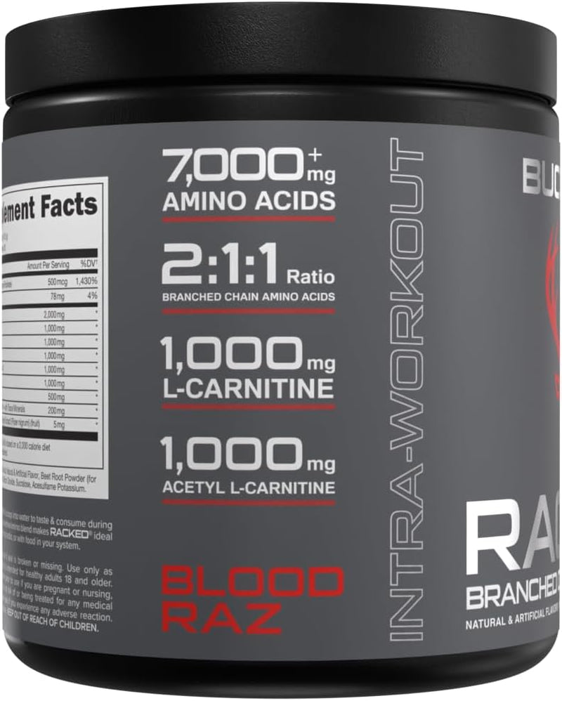 - BCAA RACKED™ Branch Chained Amino Acids | L-Carnitine, Acetyl L-Carnitine, GBB | Post Workout Recovery, Protein Synthesis, Lean Muscle Bcaas That You Can Feel! 30 Servings (Blood Raz)