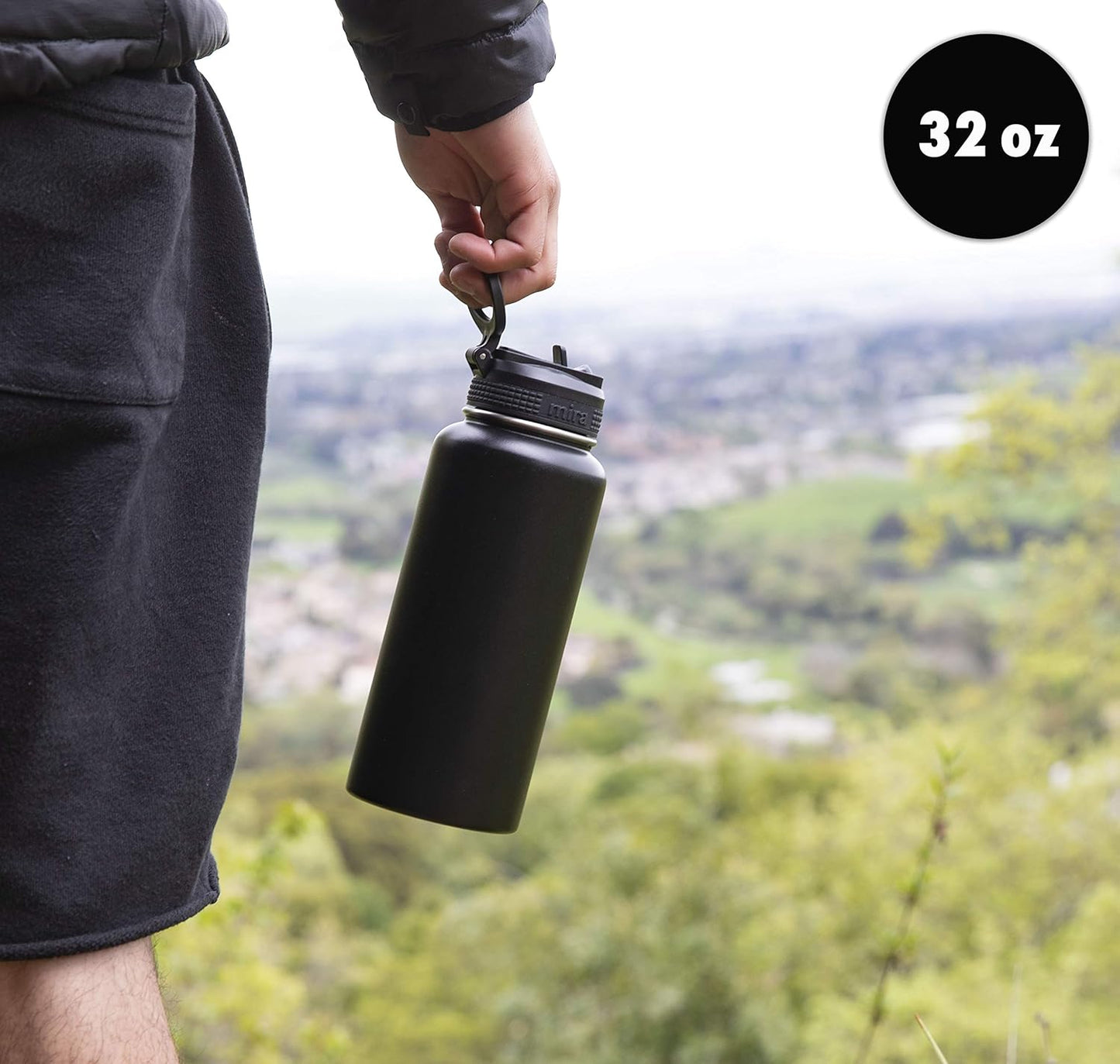 32 Oz Insulated Water Bottle - Stainless Steel Sports Flask with 2 Lids (Straw & Handle) - Cold Drink Thermos - Black